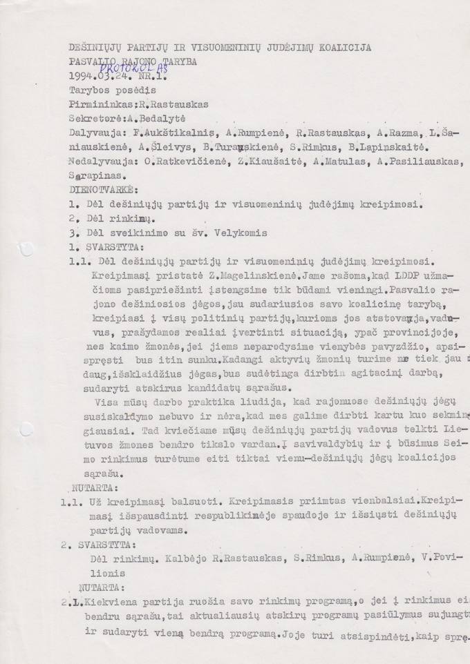 Lietuvos Sajūdžio Pasvalio rajono Tarybos 1994 m. kovo 24 d. posėdžio PROTOKOLAS Nr. 1